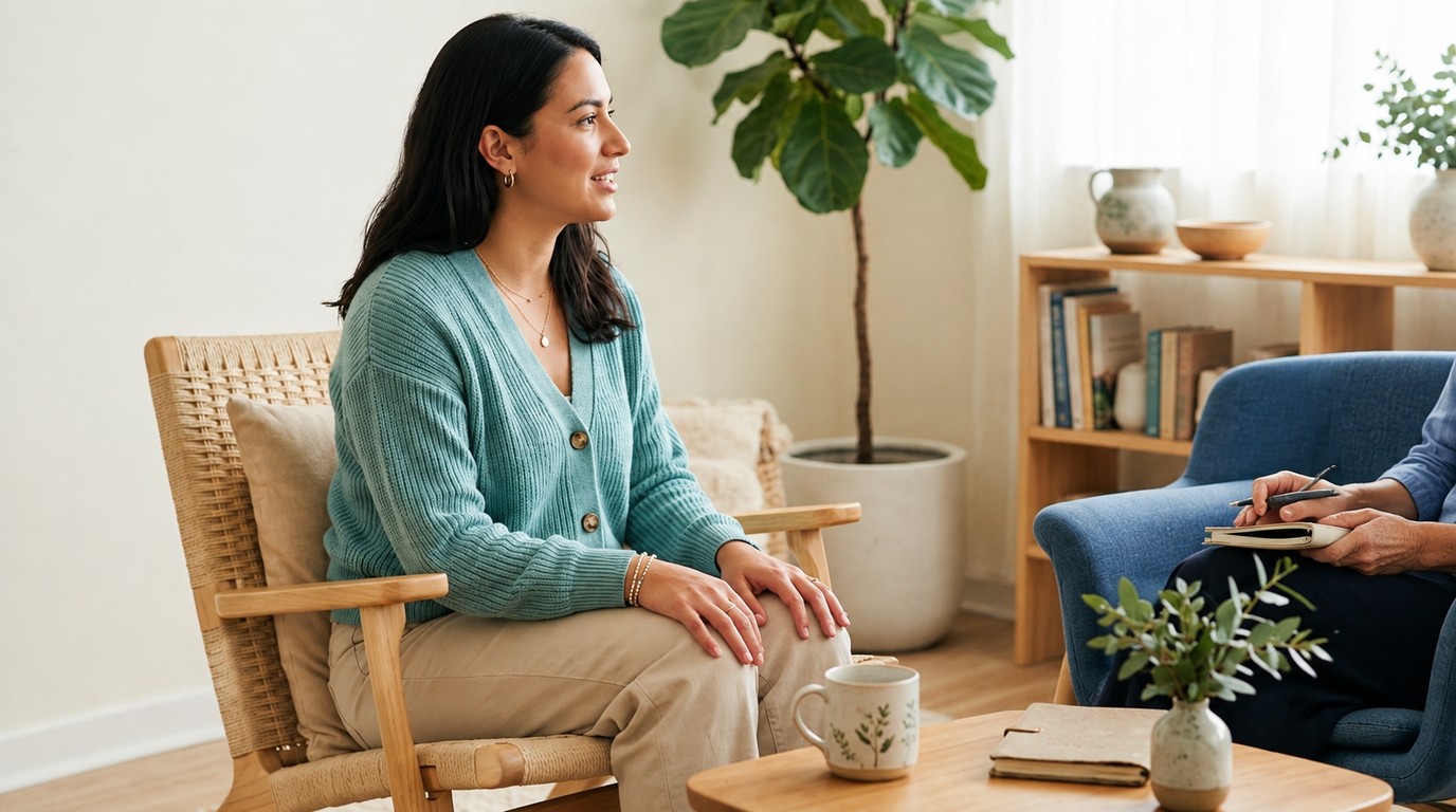 Two women talking in a bright blue-toned counseling room
