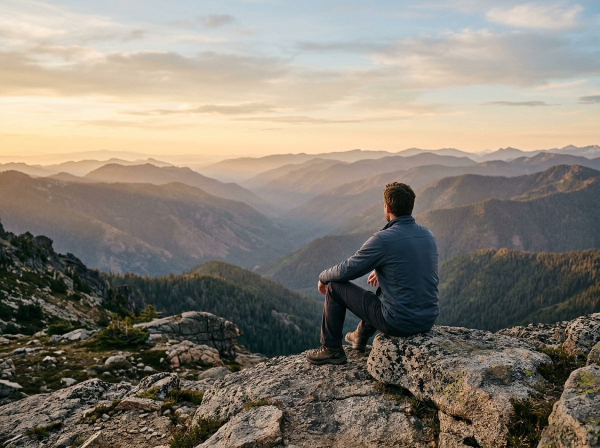 Person reflecting on a mountain overlook