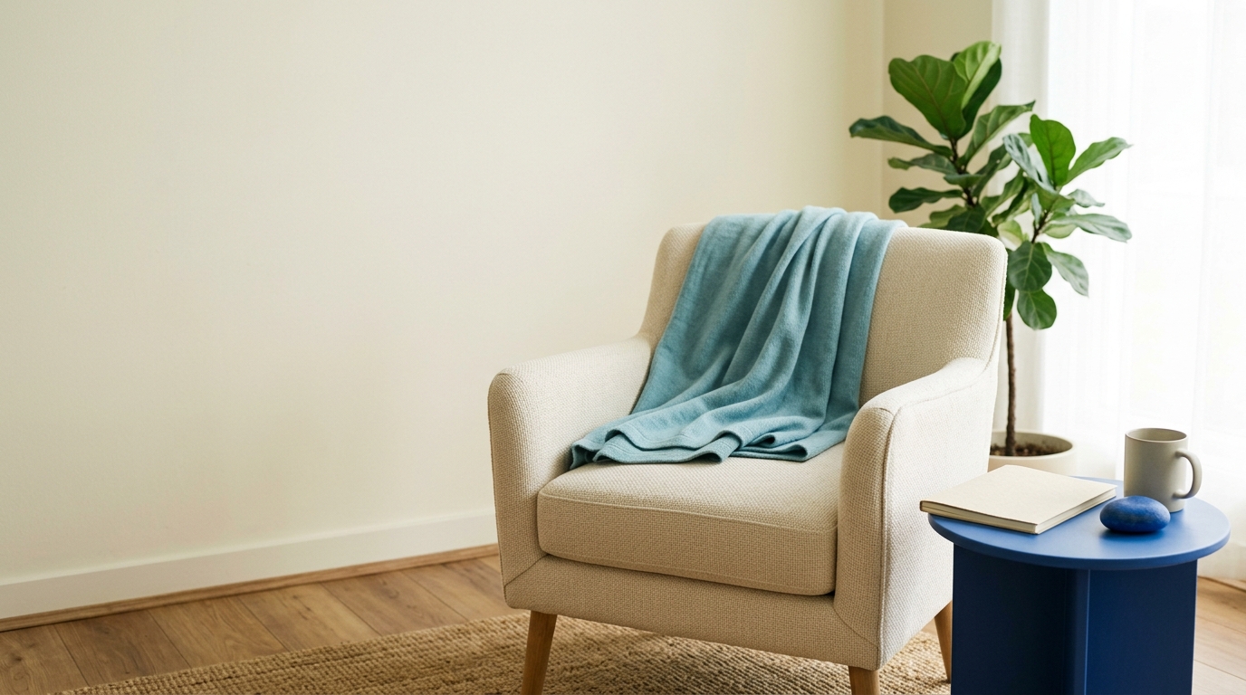 Cream armchair with aqua throw, blue side table, blank notebook, and plant in a calm therapy room
