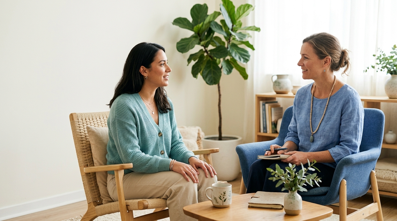 Two women talking in a bright blue-toned counseling room