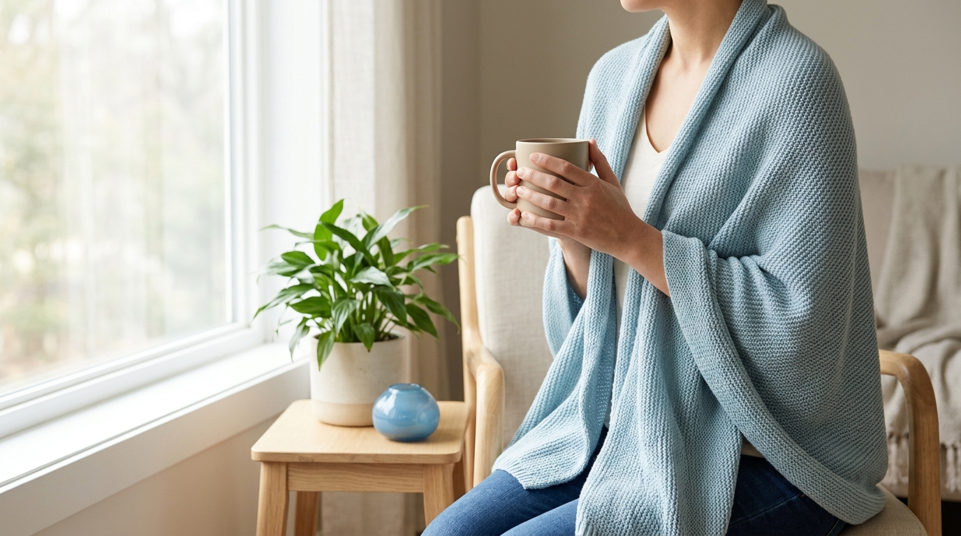 Person holding a warm mug in a quiet blue-toned reading corner