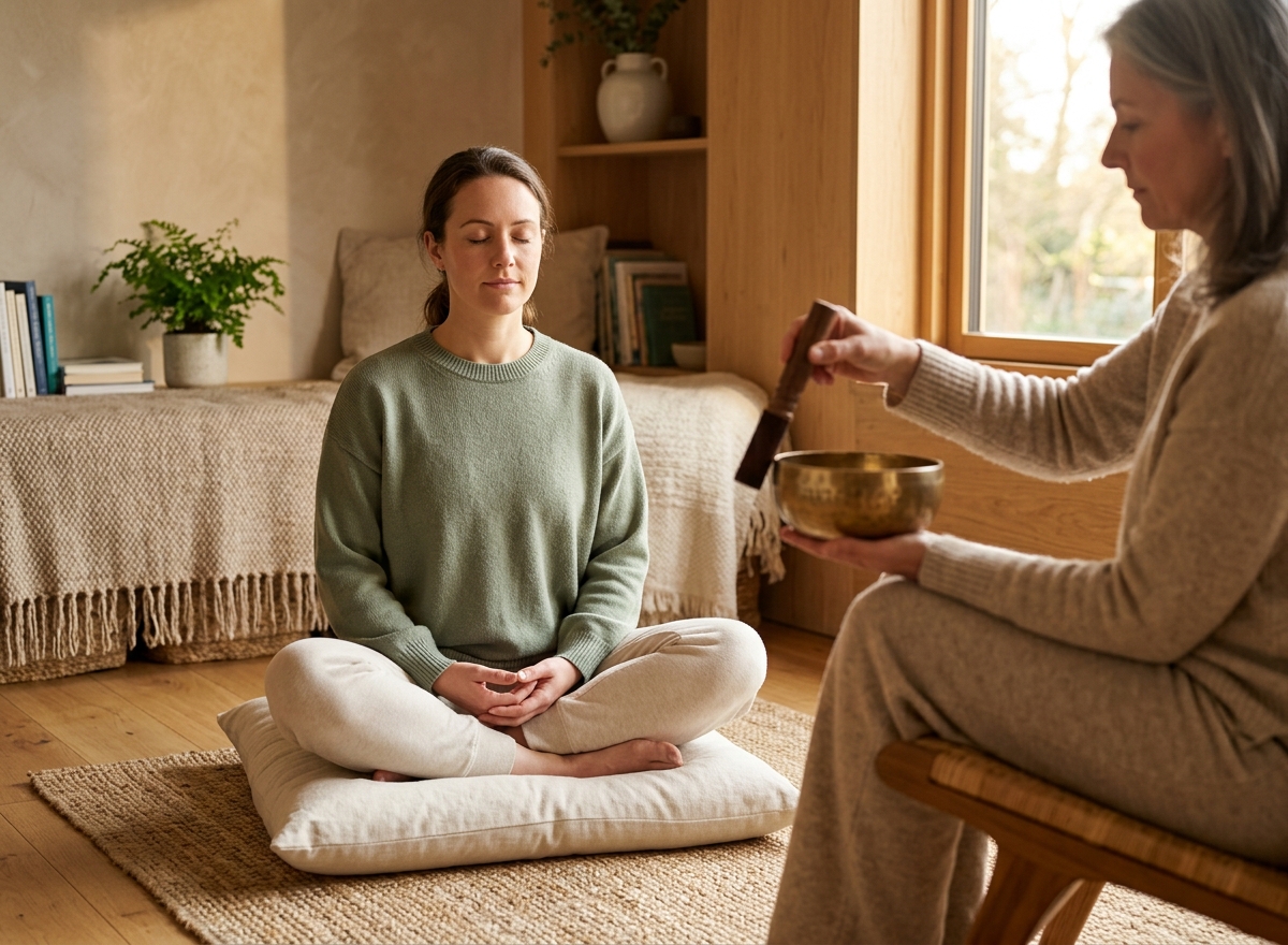 A client meditating while a therapist rings a calming sound bowl in a warm therapy room