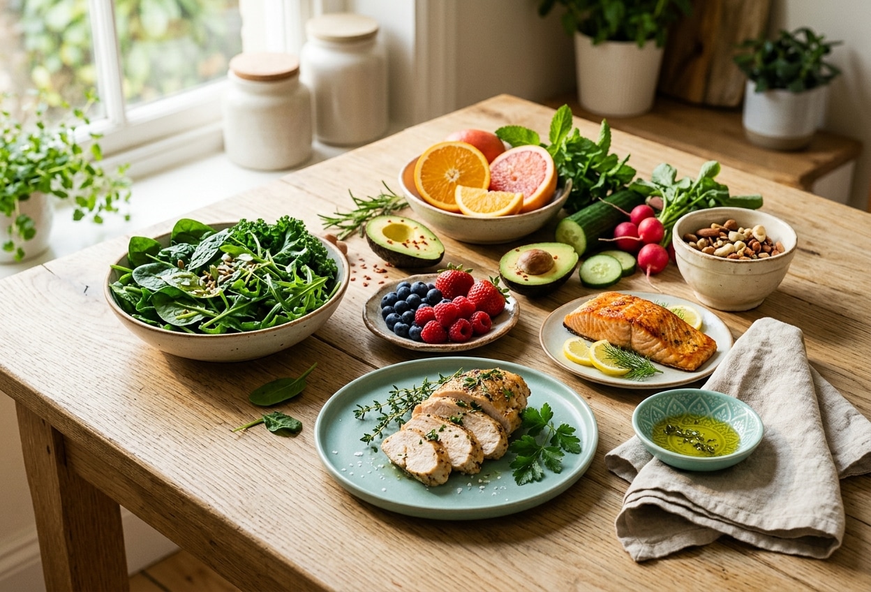 Colorful fruit, leafy greens, berries, herbs, salmon, and sliced roast chicken on a sunlit table