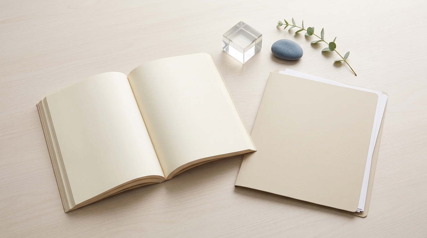 Open book, blank document folder, clear glass block, blue stone, and botanical stem on a light desk
