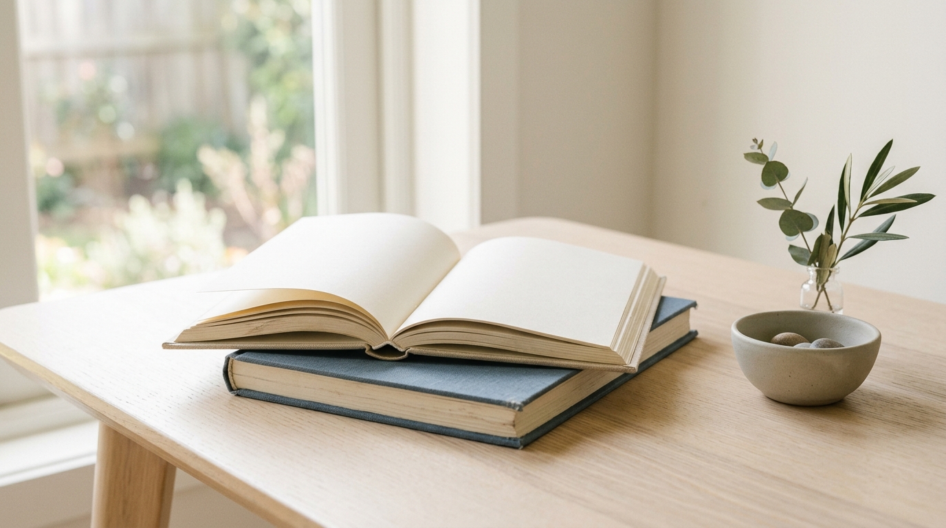 Open book, stacked books, ceramic bowl, and botanical sprig on a light desk